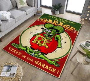 Rat fink what happens in garage stays in the garage rug 