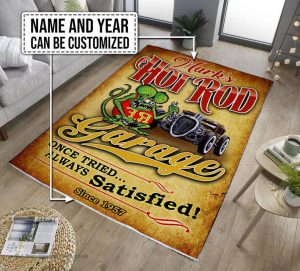 Personalized rat fink hot rod garage rug