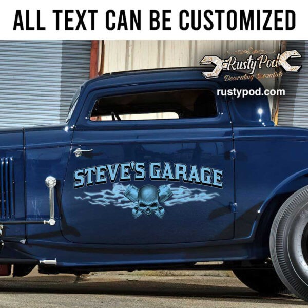 personalized skull and flame hot rod lettering rat rod door art shop truck door sign patina truck lettering sticker 12976