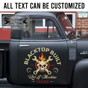 personalized gear head skull and wrench rod and machine lettering hot rod door art sticker 13245