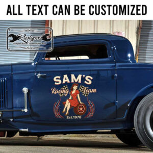 personalized pin up girl and wheels lettering checkered flag lettering sign racing car door sign sticker 13249