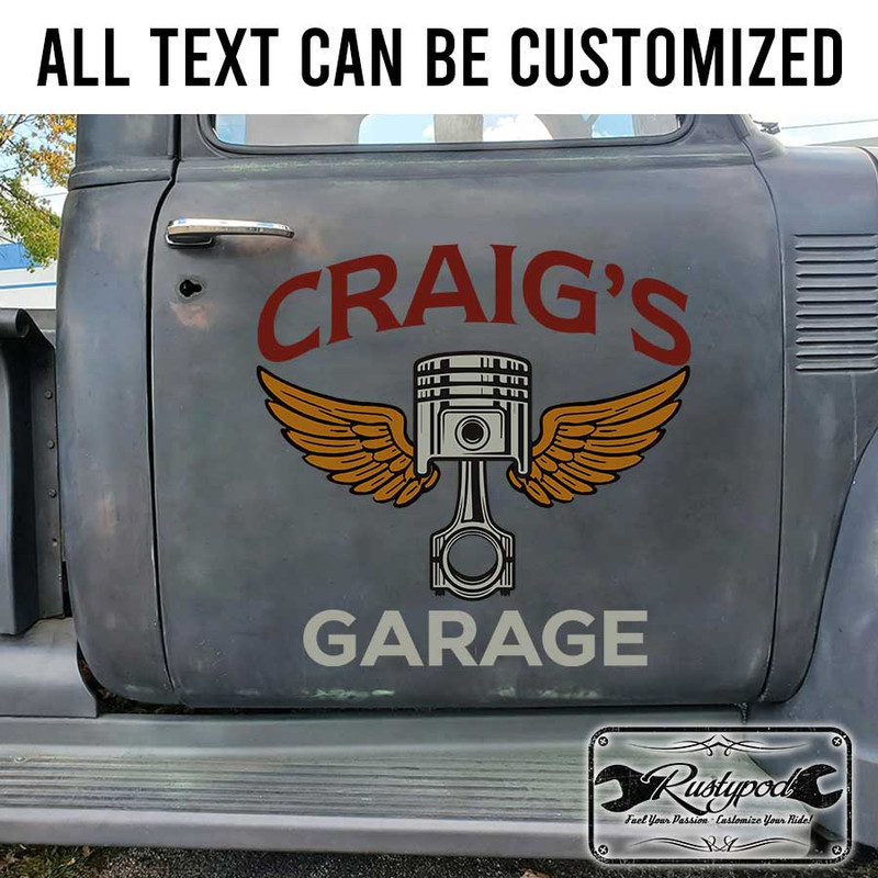 personalized winged piston hot rod garage lettering shop truck door art kustom kulture vintage truck lettering sticker 13254