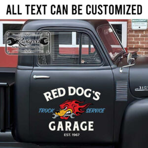 personalized red dog and wrench lettering garage door sign shop truck door art kustom kulture sticker 13268