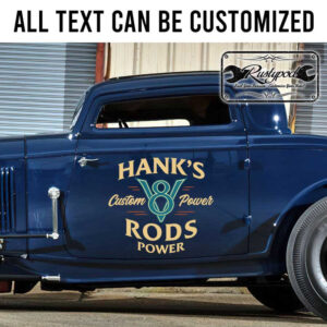 personalized v8 engine lettering rods and customs shop truck door art sticker 13269