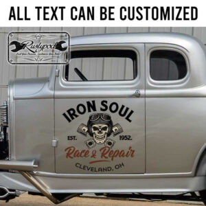 personalized skull and piston lettering door sign race and repair garage sign shop truck door art sticker 13319