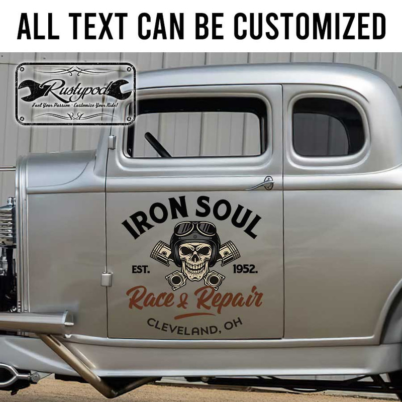 personalized skull and piston lettering door sign race and repair garage sign shop truck door art sticker 13319