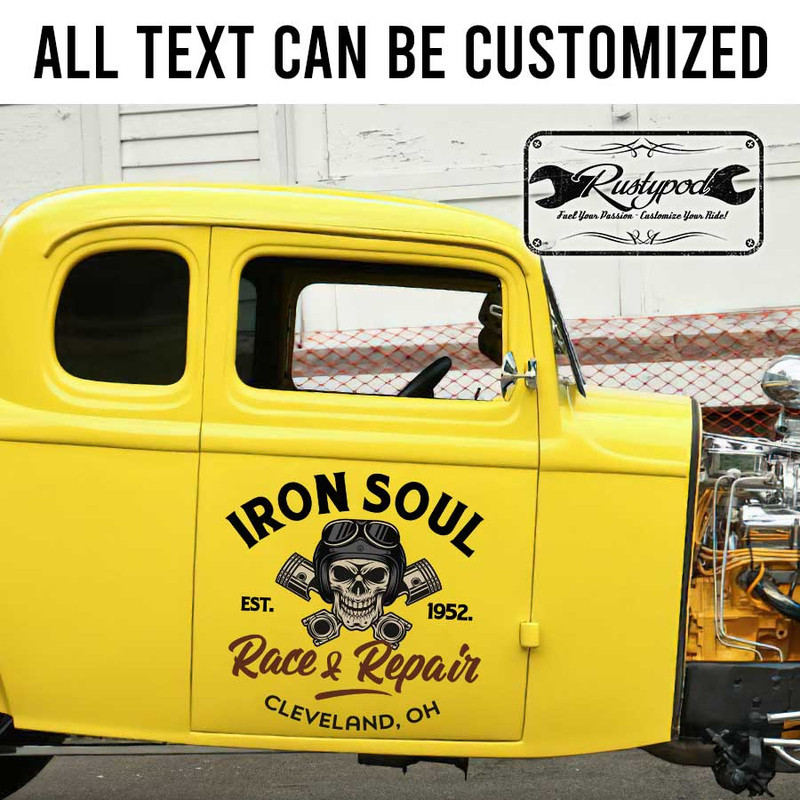 personalized skull and piston lettering door sign race and repair garage sign shop truck door art sticker 13319 - Image 2