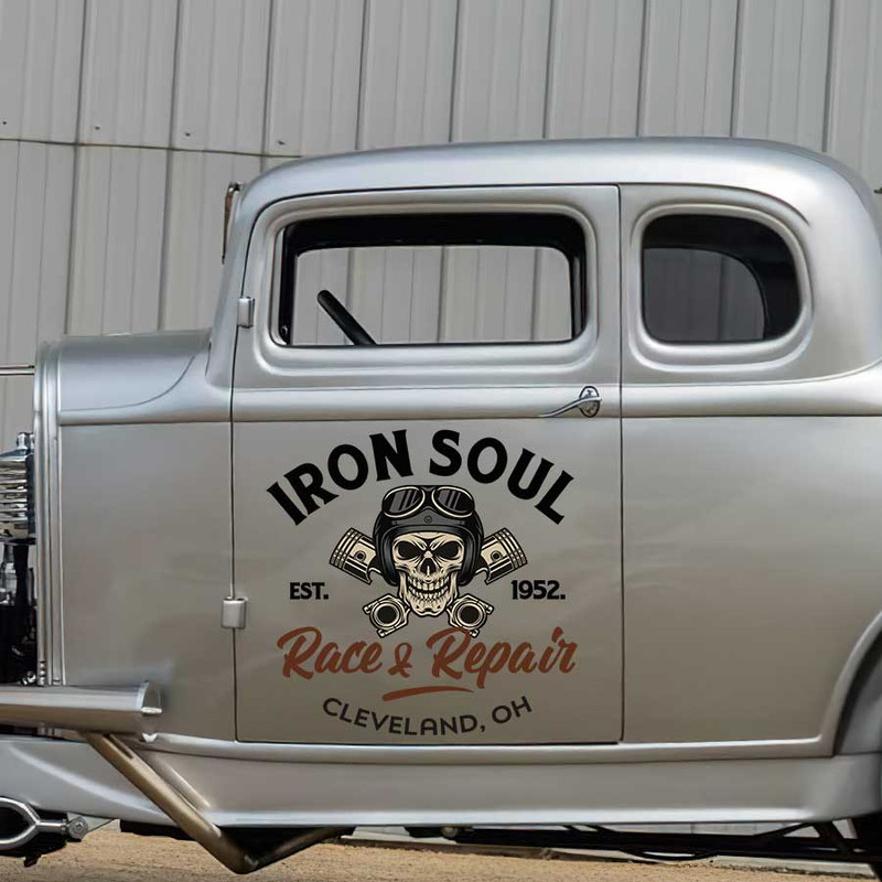 personalized skull and piston lettering door sign race and repair garage sign shop truck door art sticker 13319 - Image 3