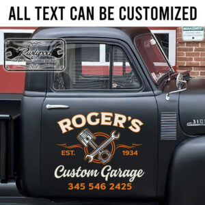 personalized piston and wrench pinstriping letteing door sign custom garage logo hot rod door art sticker 13323