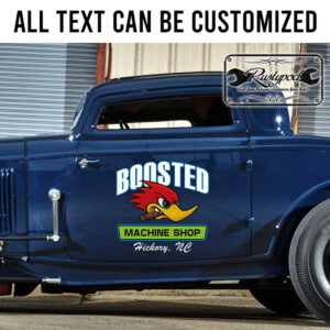 personalized red woodpecker machine shop lettering sign hot rod lettering garage sign sticker 13341