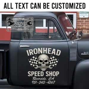 personalized ironhead speed shop skull checkered flag and wrench lettering hot rod garage sticker 13347
