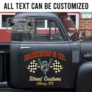 personalized v8 engine and checkered flag lettering door sign hot rod lettering kustom kulture vehicle lettering sticker 13353