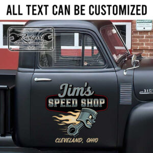 personalized running piston lettering speed shop sign shop truck door art performance and fabrication garage lettering sticker 13359