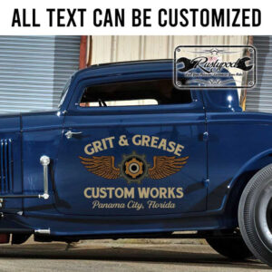 personalized gear head and wings custom work lettering hot rod garage lettering sticker 13360