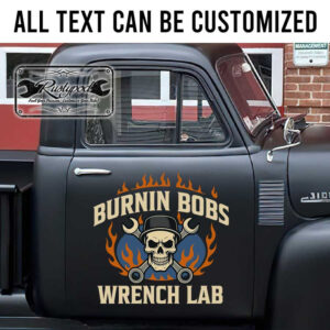 personalized burning skull and wrench hot rod garage bbq door sign sticker 13382