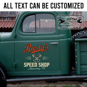 personalized crossing piston lettering speed shop sign garage door sign shop truck door art old school lettering sticker 13383