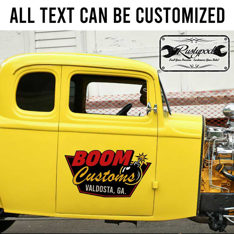 personalized boom customs garage sign hot rod lettering rat rod door sign sticker 13399