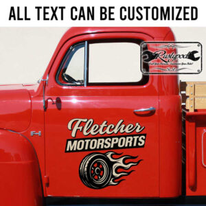 personalized motorsport sign wheel and fire lettering shop truck door art sticker 13400