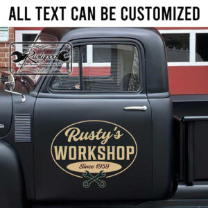 personalized rusty workshop crossing wrench garage lettering sticker 13405