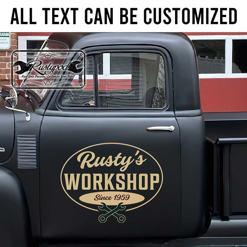 personalized rusty workshop crossing wrench garage lettering sticker 13405