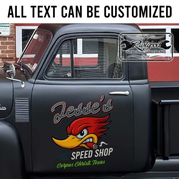 personalized woodpecker hot rod lettering speed shop lettering rat rod door sign kustom kulture sticker 13412