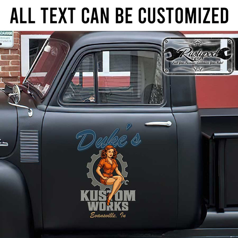 personalized pin up girl and gear head lettering door sign kustom works lettering garage sign sticker 13414