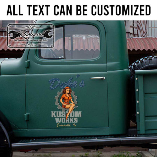 personalized pin up girl and gear head lettering door sign kustom works lettering garage sign sticker 13414 - Image 2