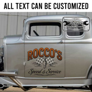 personalized pinstriping spark plug speed and service lettering kustom kulture old school lettering sticker 13427