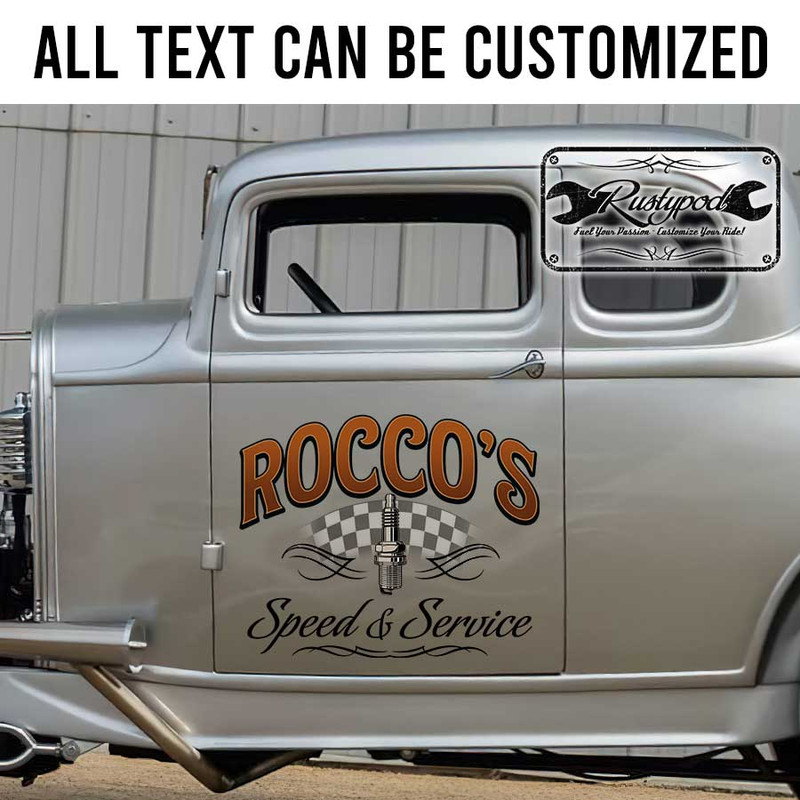 personalized pinstriping spark plug speed and service lettering kustom kulture old school lettering sticker 13427