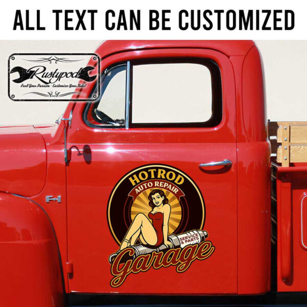 personalized hot rod auto repair spark plug garage lettering sticker 13460
