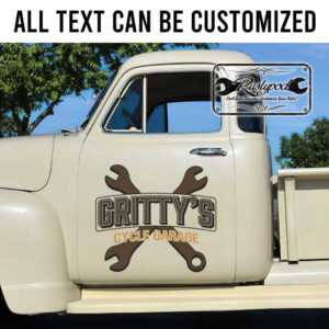 personalized crossing wrench lettering hot rod garage lettering shop truck door art sticker 13466