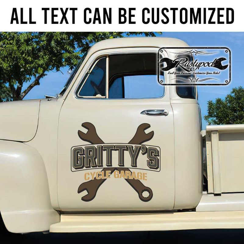 personalized crossing wrench lettering hot rod garage lettering shop truck door art sticker 13466