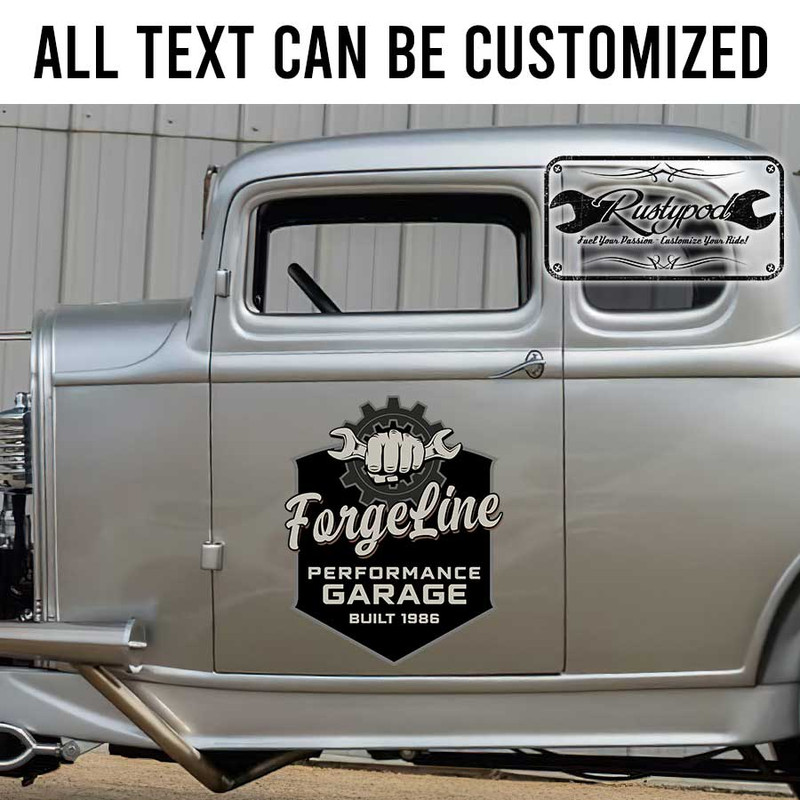 personalized performance garage gear head and wrench lettering old school lettering sticker 13467