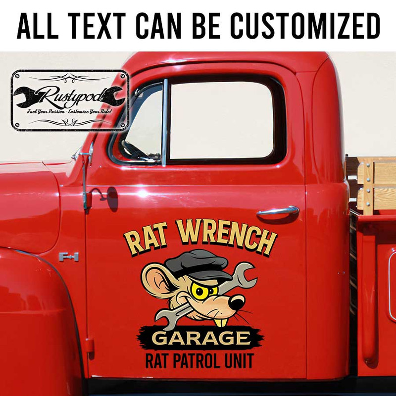 personalized rat wrench garage rat patrol unit lettering rat rod lettering hot rod door art sticker 13469
