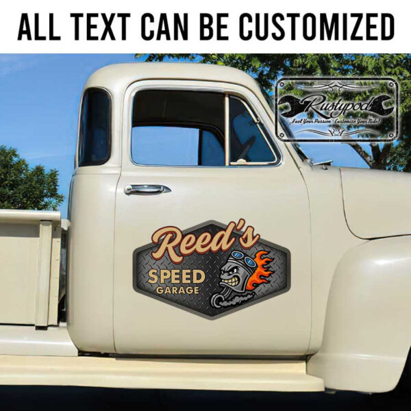 personalized angry piston hot rod lettering shop truck door art performance garage sign sticker 13525