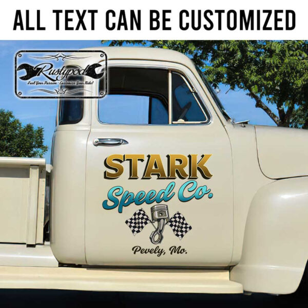 personalized speed company sign piston and checkered flag lettering kustom kulture sticker 13526