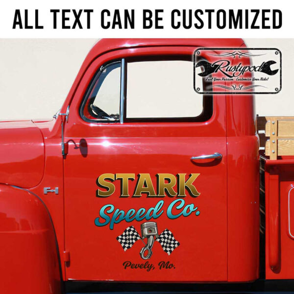 personalized speed company sign piston and checkered flag lettering kustom kulture sticker 13526 - Image 2