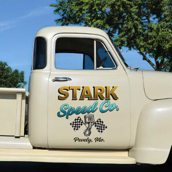 personalized speed company sign piston and checkered flag lettering kustom kulture sticker 13526 - Image 3