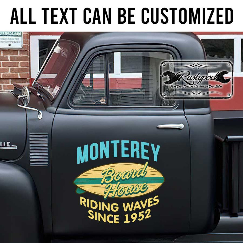personalized surf shop lettering hot rod lettering kustom kulture board house riding wave sign sticker 13643