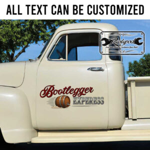 personalized bootlegger express moonshine hot rod lettering rat rod door door art sticker 13690