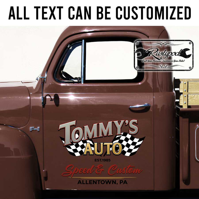 personalized checkered flag lettering speed shop lettering sign speed and custom garage sign hot rod door art sticker 13692