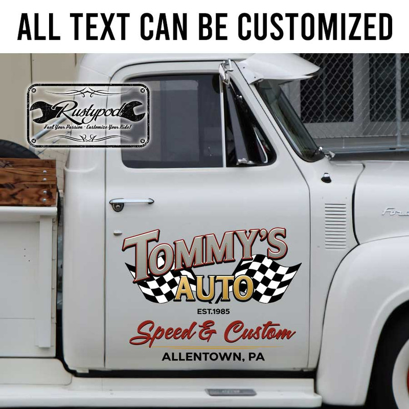 personalized checkered flag lettering speed shop lettering sign speed and custom garage sign hot rod door art sticker 13692 - Image 2