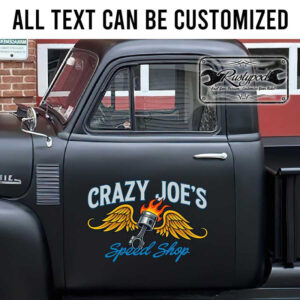 personalized speed shop sign piston and wing lettering hot rod lettering rat rod door art sticker 13694