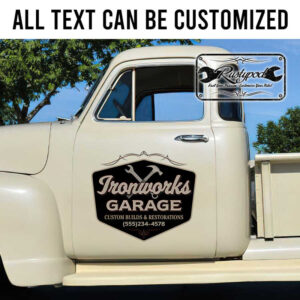 personalized ironwork garage sign decal custom builds garage lettering decal restoration garage lettering wrench and hammer logo sticker 13753