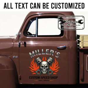 personalized skull and piston lettering decal custom speed shop logo decal hot rod lettering door sign sticker 13771