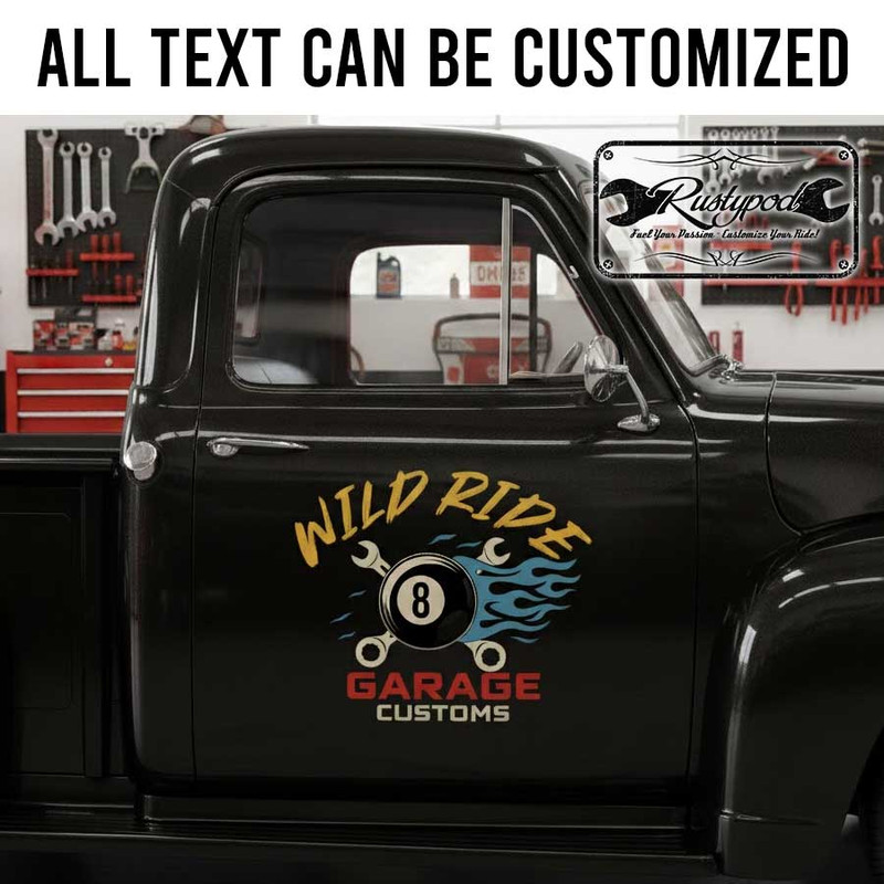 personalized eight ball and fire lettering decal wrench lettering decal garage customs sticker 13827