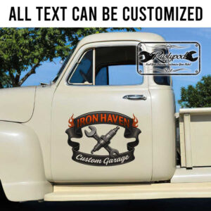 personalized custom garage lettering decal spark plug and wrench lettering garage hot rod door sign kustom kulture sticker 13835