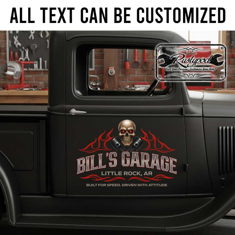 personalized skull and pinstriping art lettering decal hot rod decal speed shop sign lettering garage sign lettering decal sticker 13869