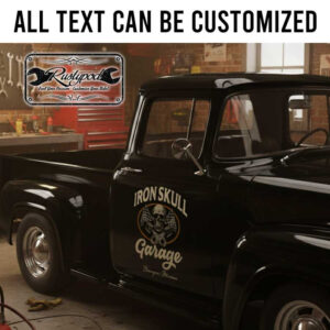 personalized iron skull garage decal crossing piston logo decal checkered flag decal hot rod decal rat rod door art sticker 13920