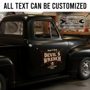 personalized red devil logo lettering decal hot rod deal kustom kulture art decal skull and wrench lettering sticker 13941